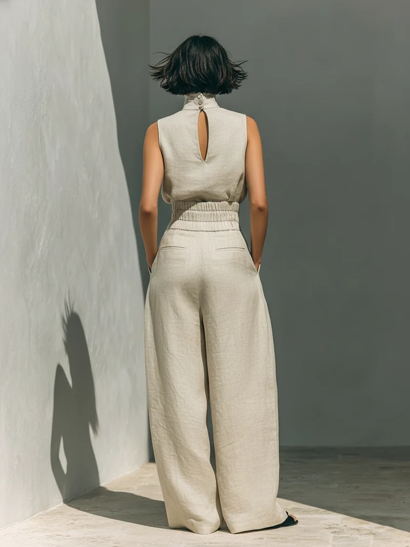 Maria™ | Ensemble complet avec top à col montant et pantalons larges en coton et lin