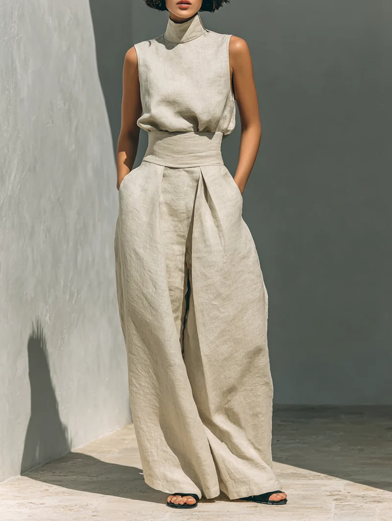 Maria™ | Ensemble complet avec top à col montant et pantalons larges en coton et lin