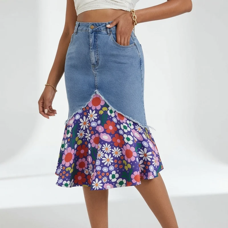 Delavine™ — Jupe denim florale élégance féminine