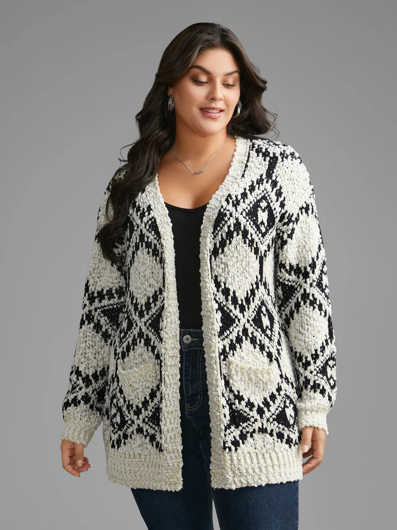 Bandana Jacquard Patched Pocket Drop Shoulder Cardigan