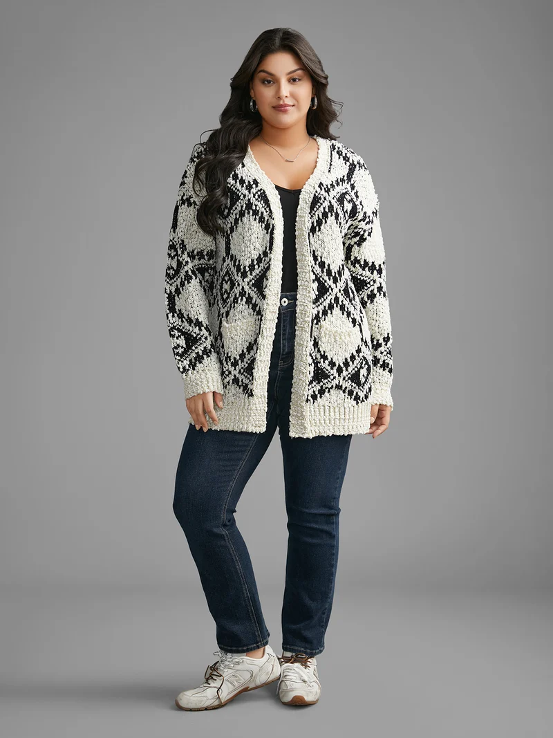 Bandana Jacquard Patched Pocket Drop Shoulder Cardigan