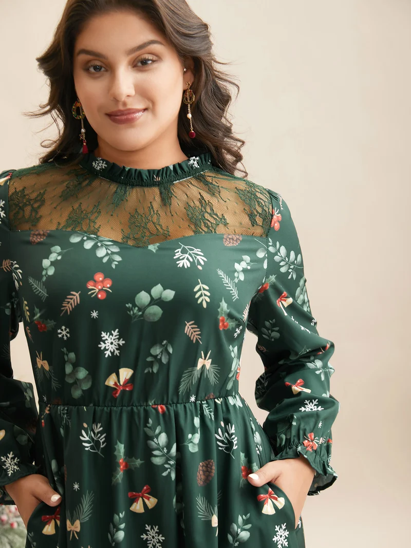 Lace Trim Sheer Neckline Midi Dress