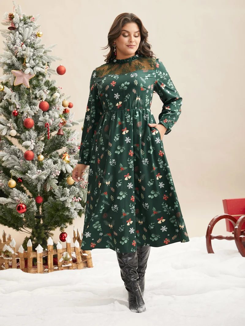 Lace Trim Sheer Neckline Midi Dress