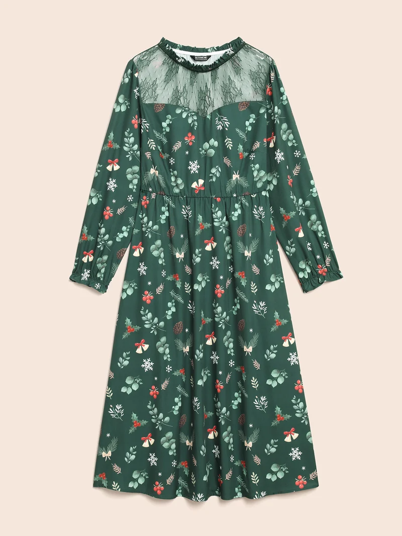 Lace Trim Sheer Neckline Midi Dress