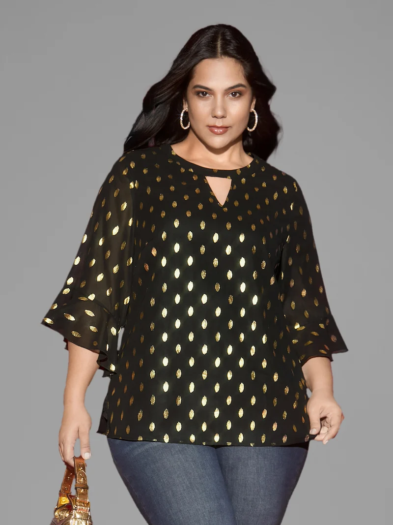 Gold Foil Neck Cut-Out Blouse