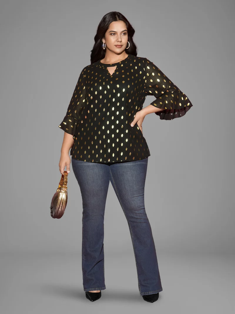Gold Foil Neck Cut-Out Blouse
