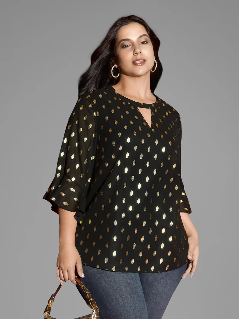 Gold Foil Neck Cut-Out Blouse