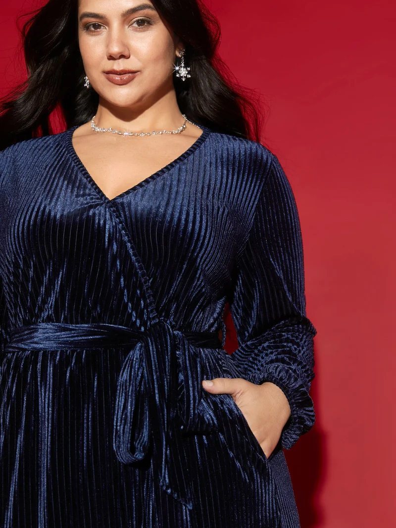 Velvet Surplice Neckline Waist-Tie Midi Dress