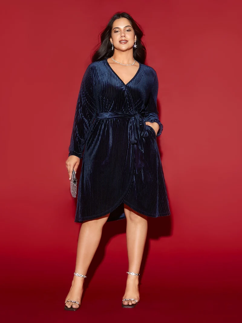 Velvet Surplice Neckline Waist-Tie Midi Dress