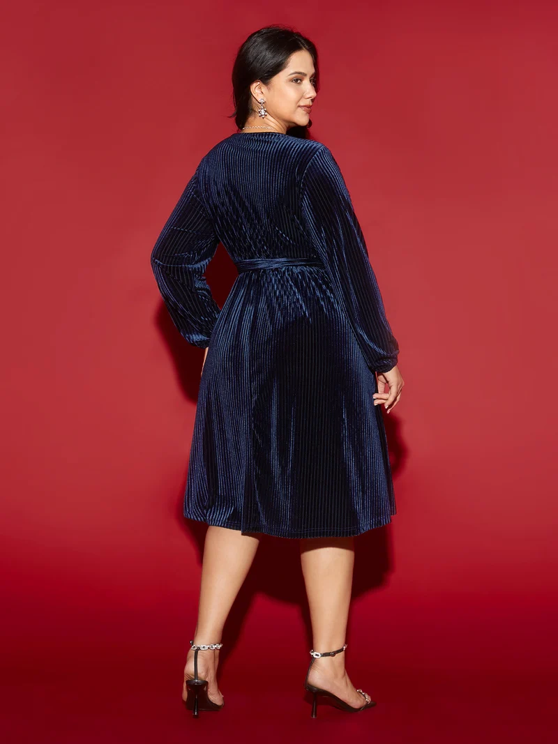 Velvet Surplice Neckline Waist-Tie Midi Dress