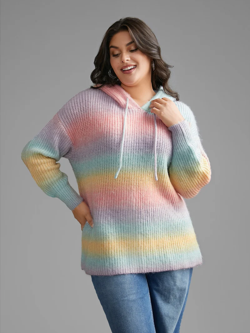 Ombre Contrast Hooded Drop Shoulder Pullover