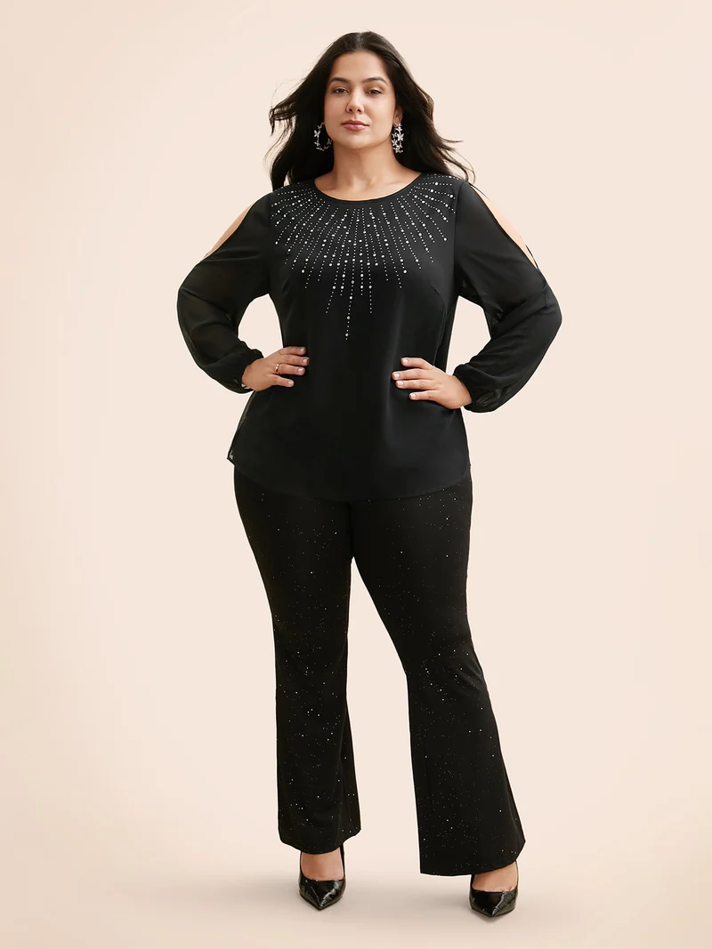 Rhinestone Cut Out Lantern Sleeve Blouse