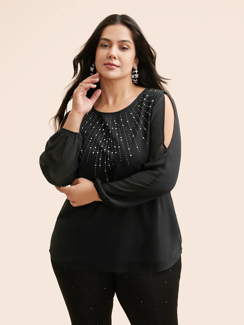 Rhinestone Cut Out Lantern Sleeve Blouse