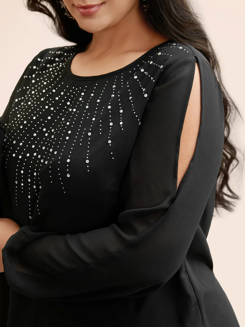 Rhinestone Cut Out Lantern Sleeve Blouse