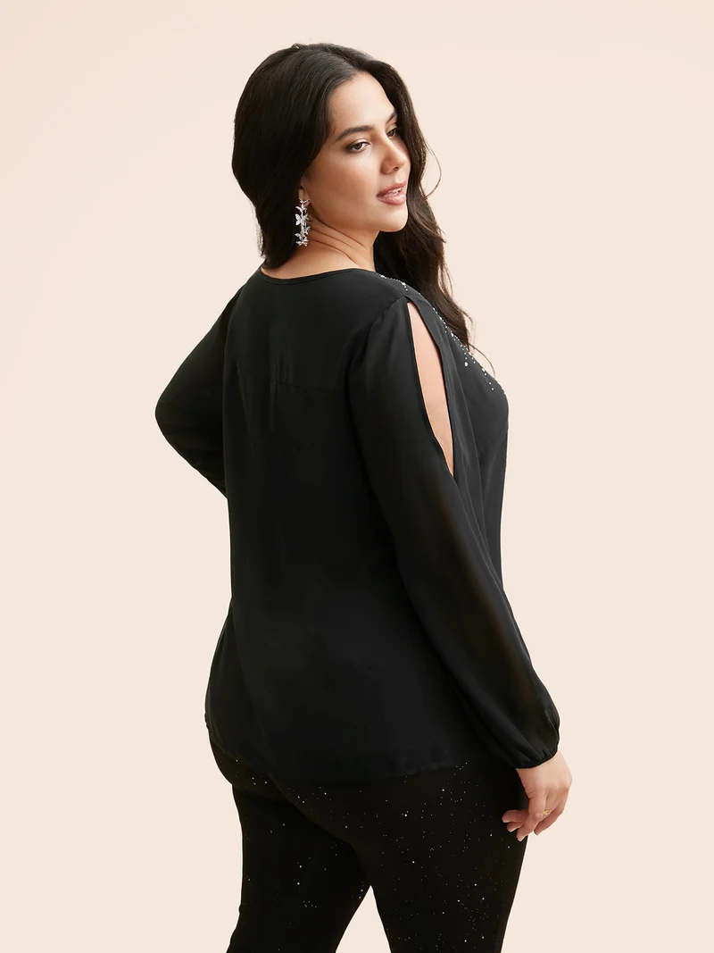 Rhinestone Cut Out Lantern Sleeve Blouse