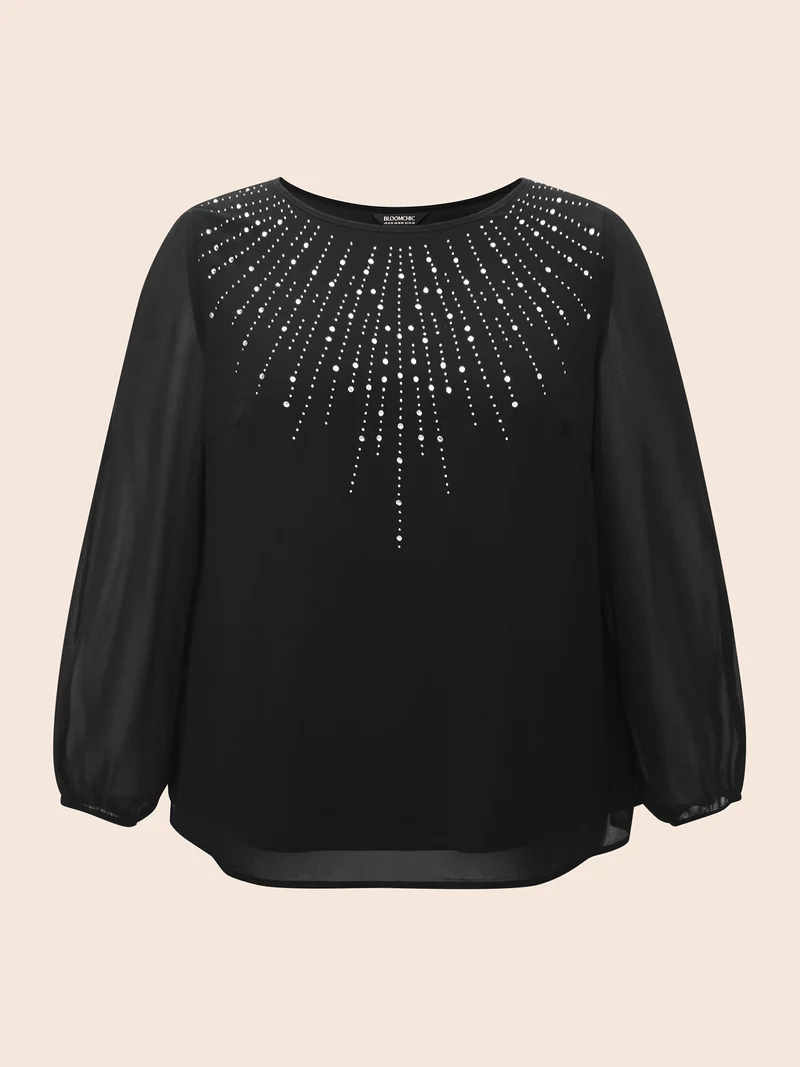 Rhinestone Cut Out Lantern Sleeve Blouse