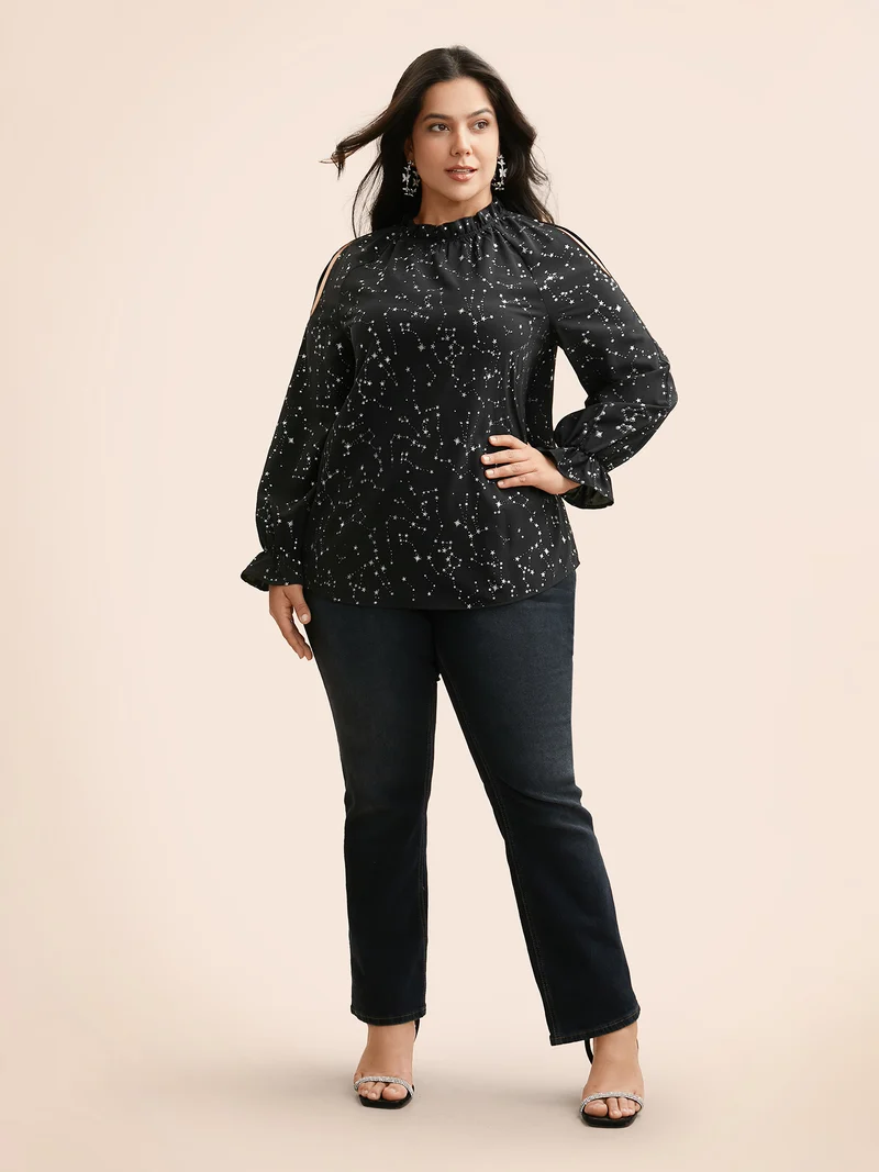 Star Lantern Sleeve Ruffles Gathered Blouse