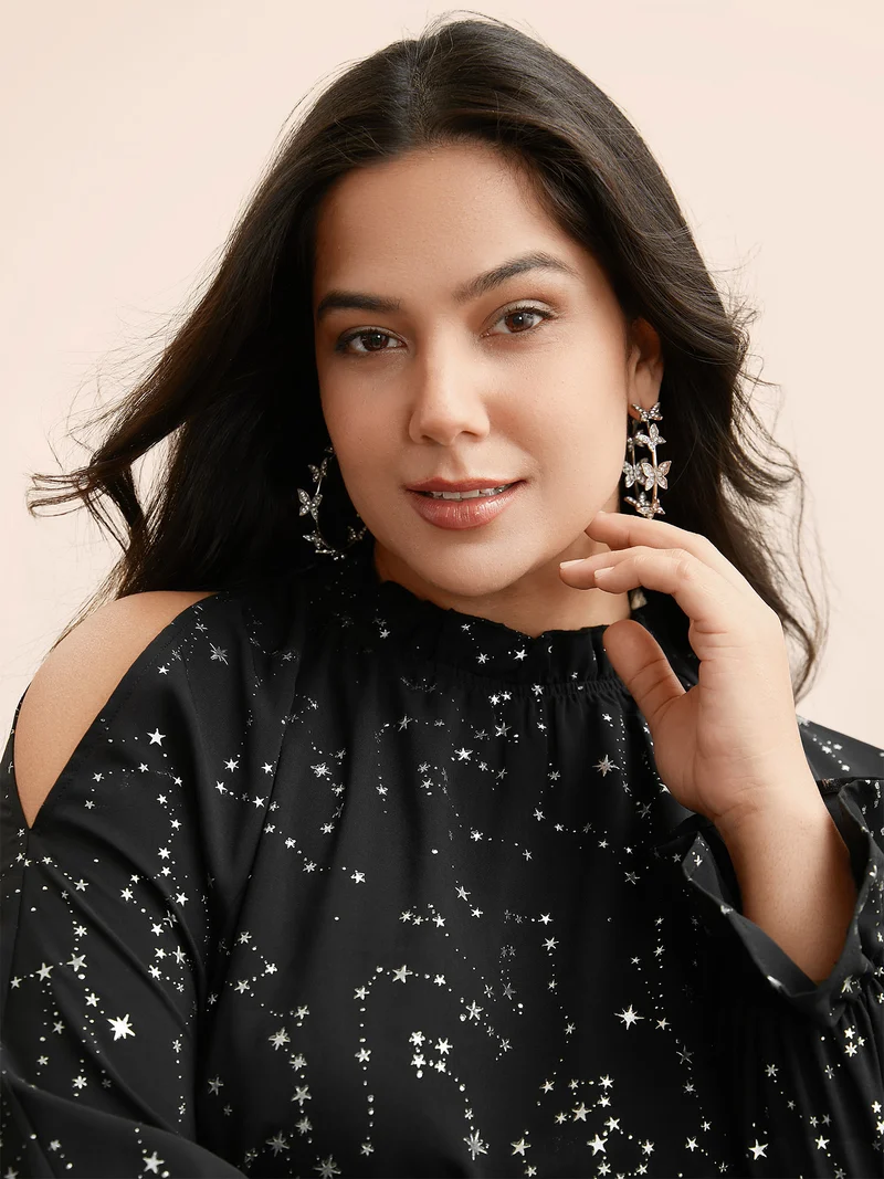 Star Lantern Sleeve Ruffles Gathered Blouse