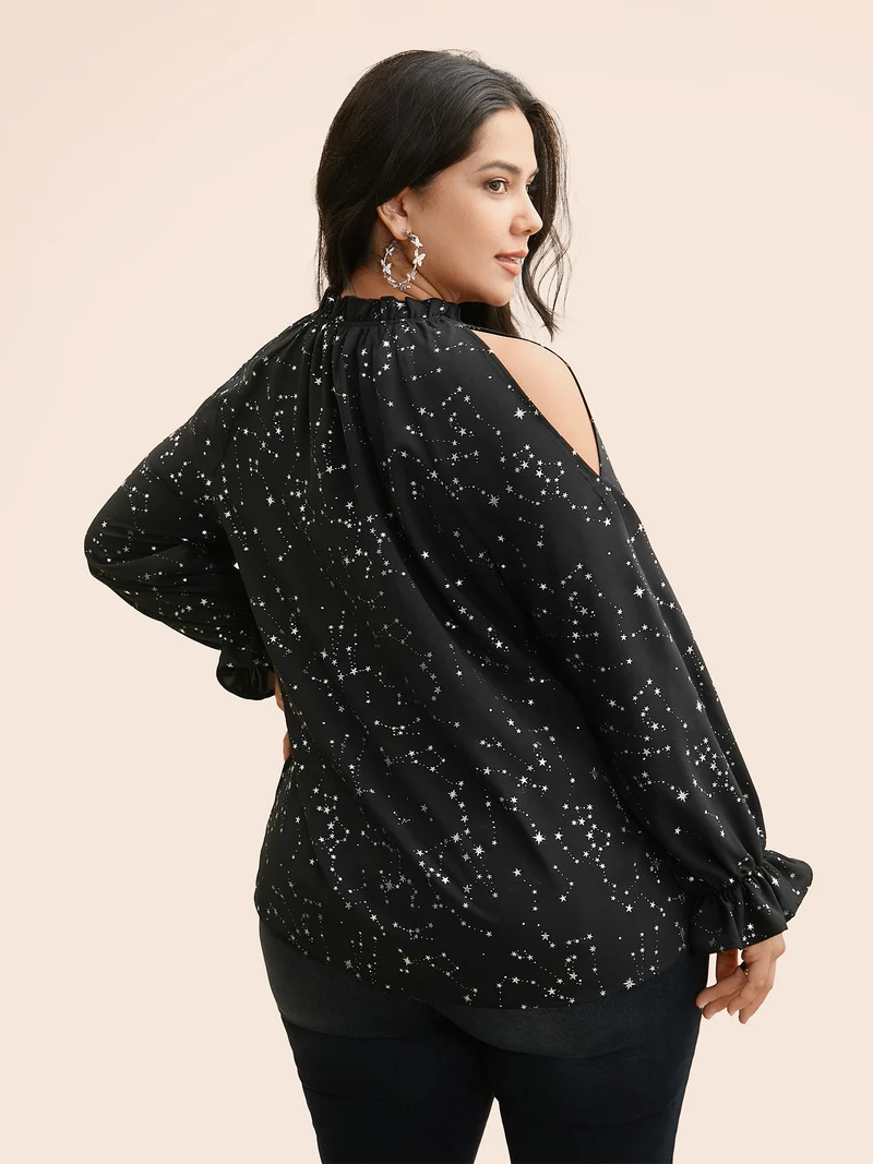 Star Lantern Sleeve Ruffles Gathered Blouse