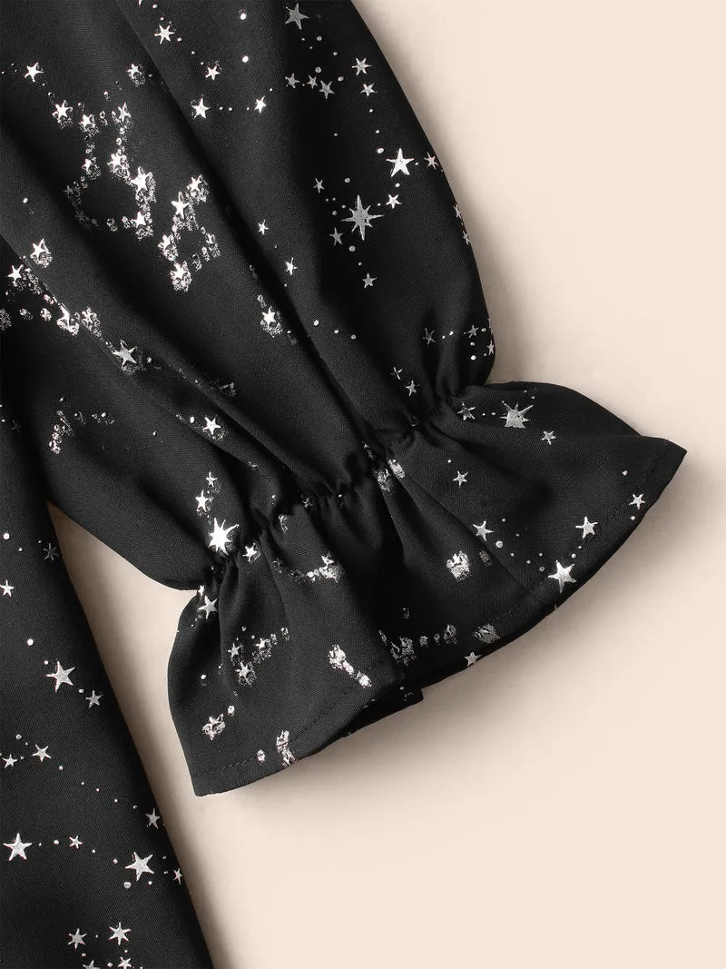 Star Lantern Sleeve Ruffles Gathered Blouse