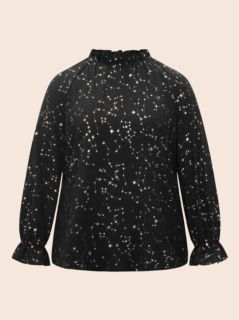 Star Lantern Sleeve Ruffles Gathered Blouse