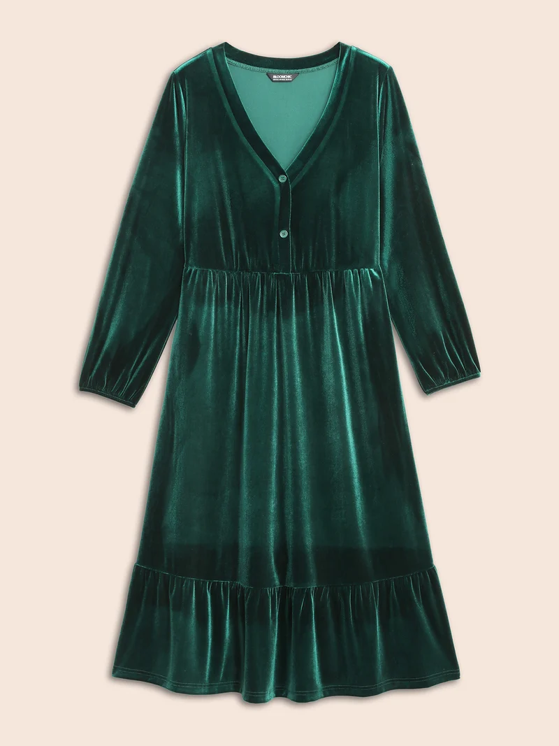 Velvet Front Button Pleated Midi Dress