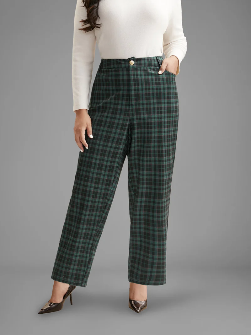 Plaid Pattern Straight-Leg Mid Rise Pants