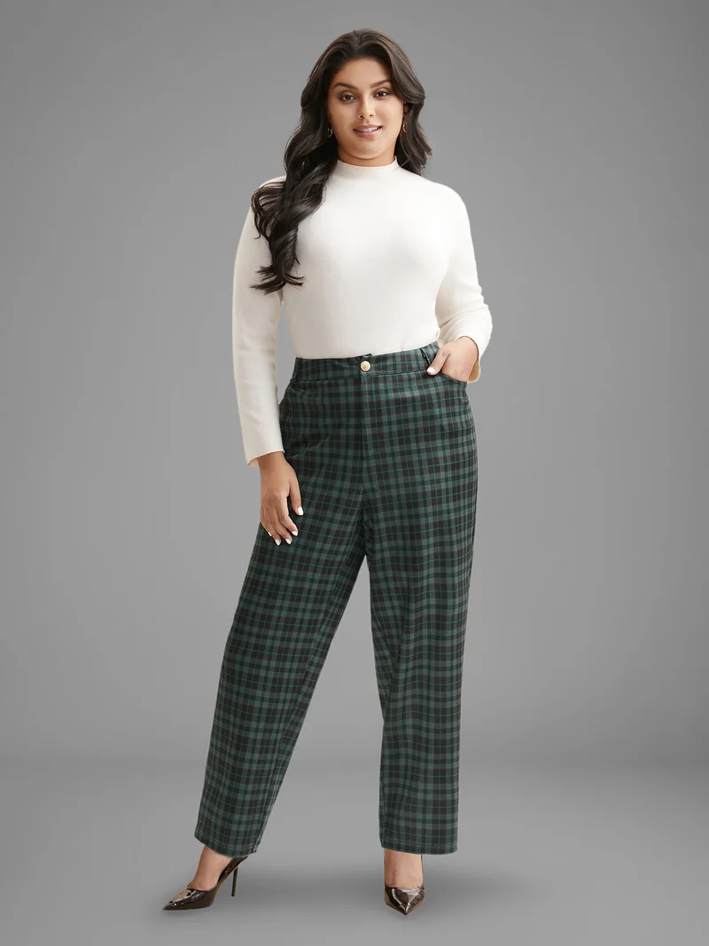 Plaid Pattern Straight-Leg Mid Rise Pants