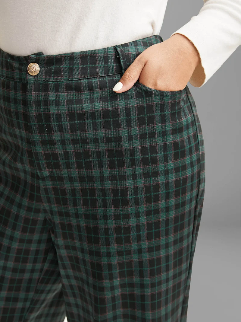 Plaid Pattern Straight-Leg Mid Rise Pants