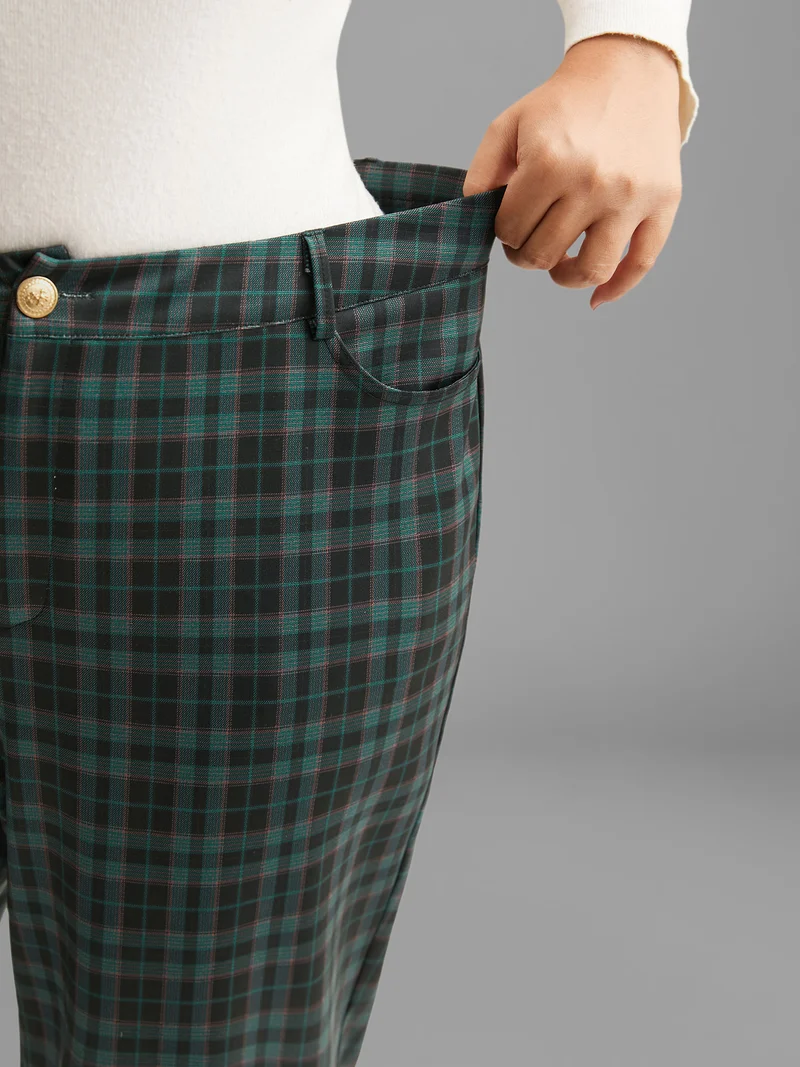 Plaid Pattern Straight-Leg Mid Rise Pants