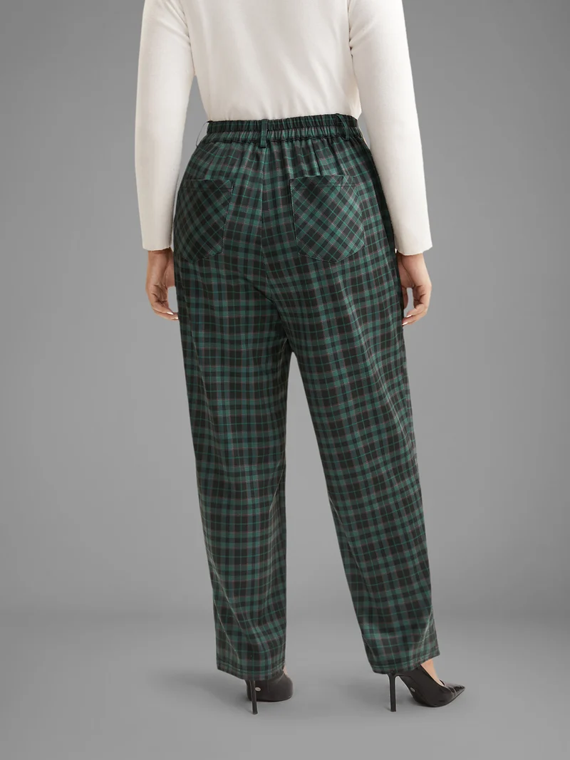 Plaid Pattern Straight-Leg Mid Rise Pants