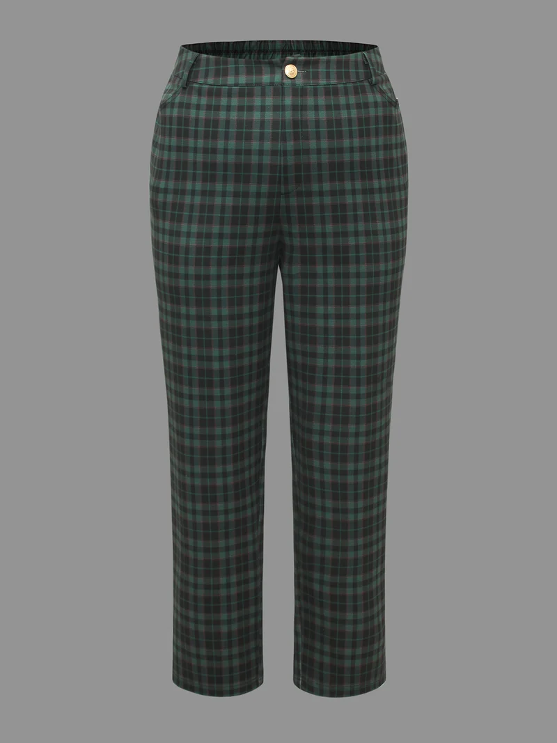 Plaid Pattern Straight-Leg Mid Rise Pants