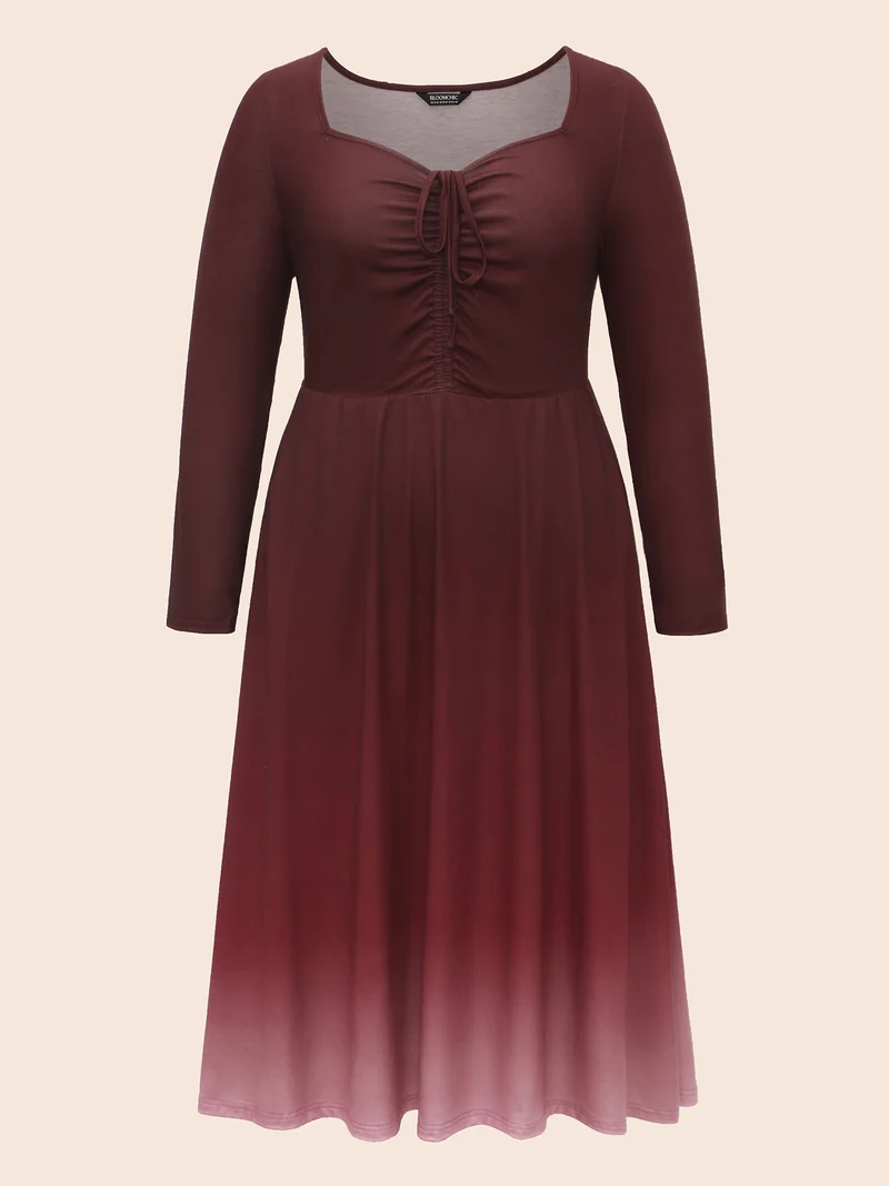 Heart Neckline Drawstring Gradient Midi Dress