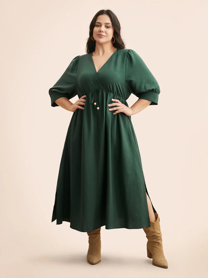 V Neck Tie Knot Slit Hem Midi Dress