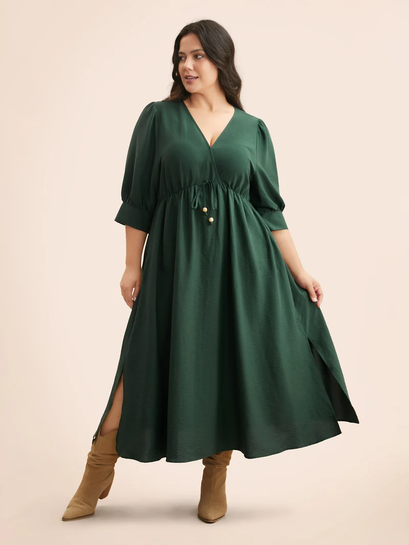 V Neck Tie Knot Slit Hem Midi Dress