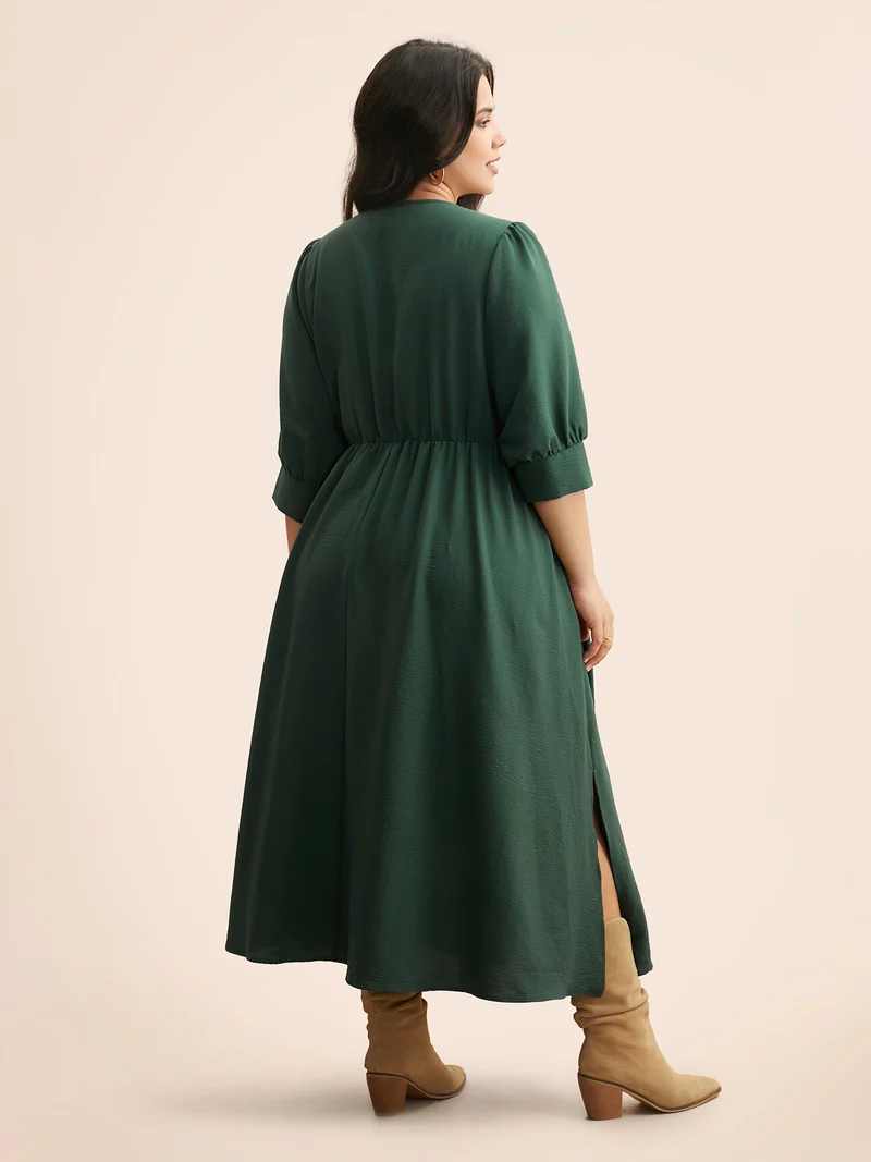 V Neck Tie Knot Slit Hem Midi Dress