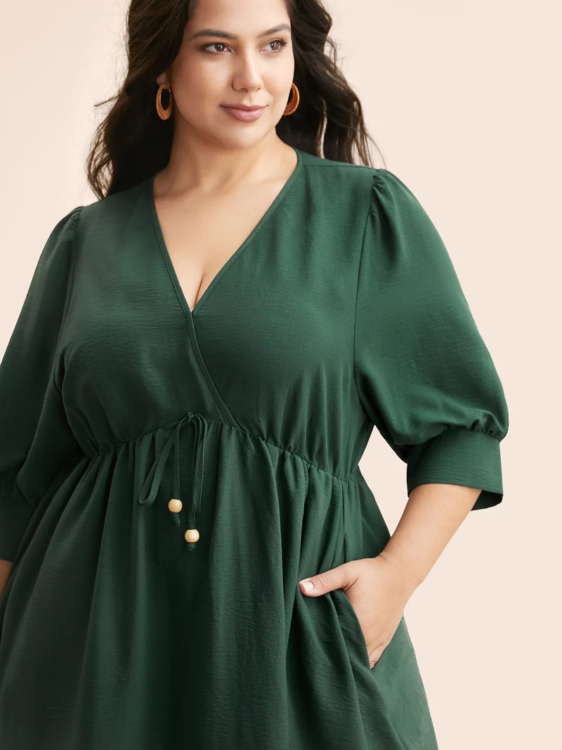 V Neck Tie Knot Slit Hem Midi Dress