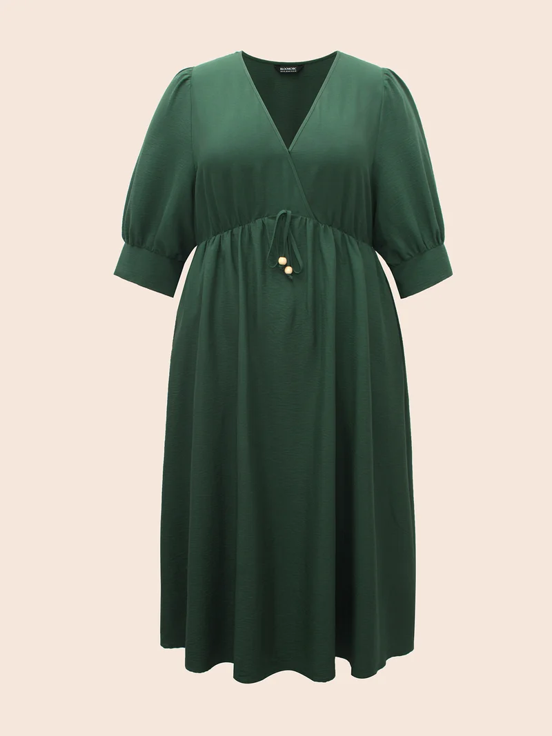 V Neck Tie Knot Slit Hem Midi Dress