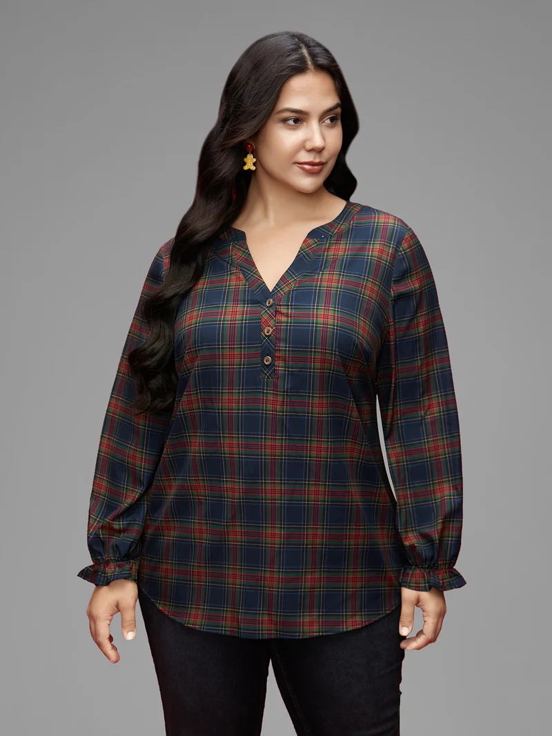 Plaid Pattern Notched Collar Slim-Fit Blouse