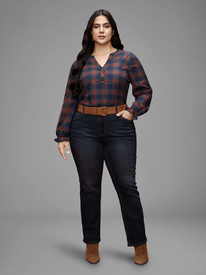 Plaid Pattern Notched Collar Slim-Fit Blouse
