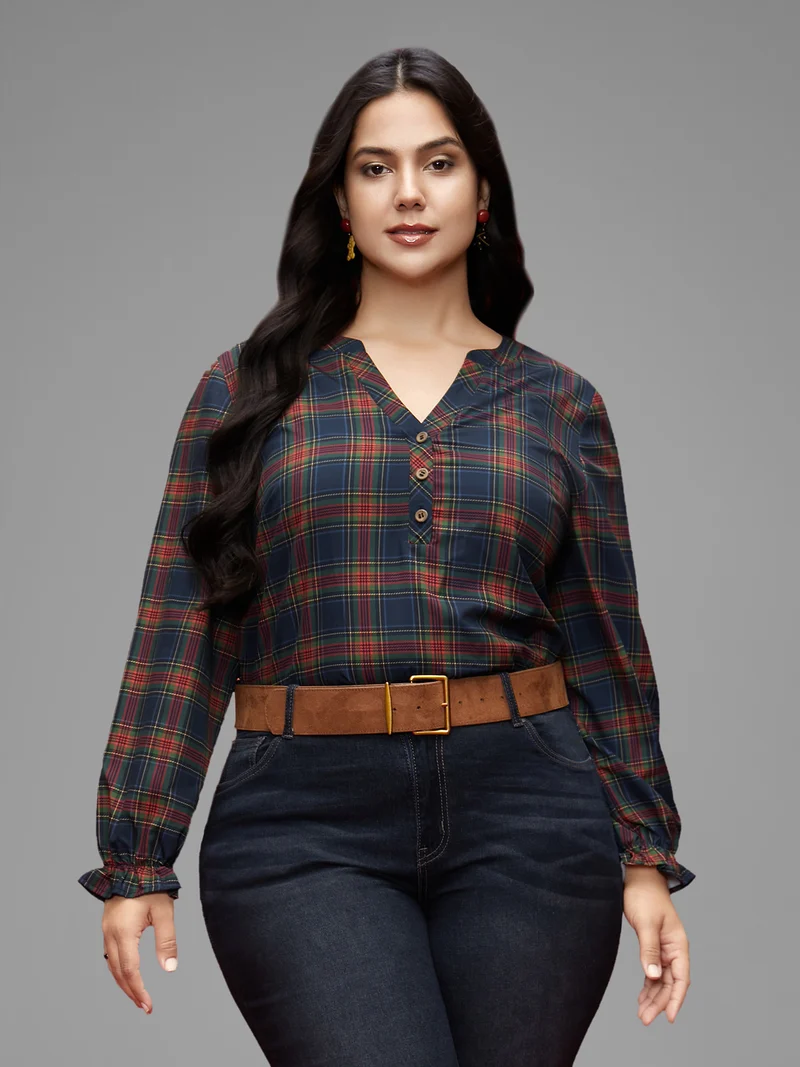 Plaid Pattern Notched Collar Slim-Fit Blouse
