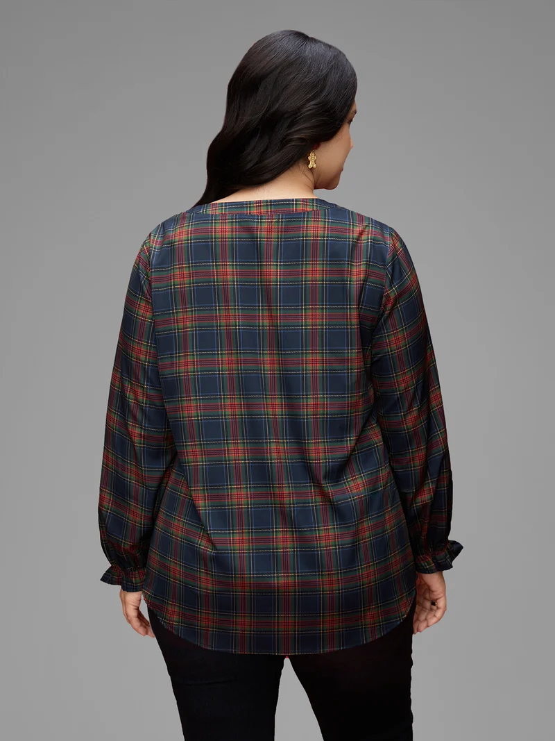 Plaid Pattern Notched Collar Slim-Fit Blouse