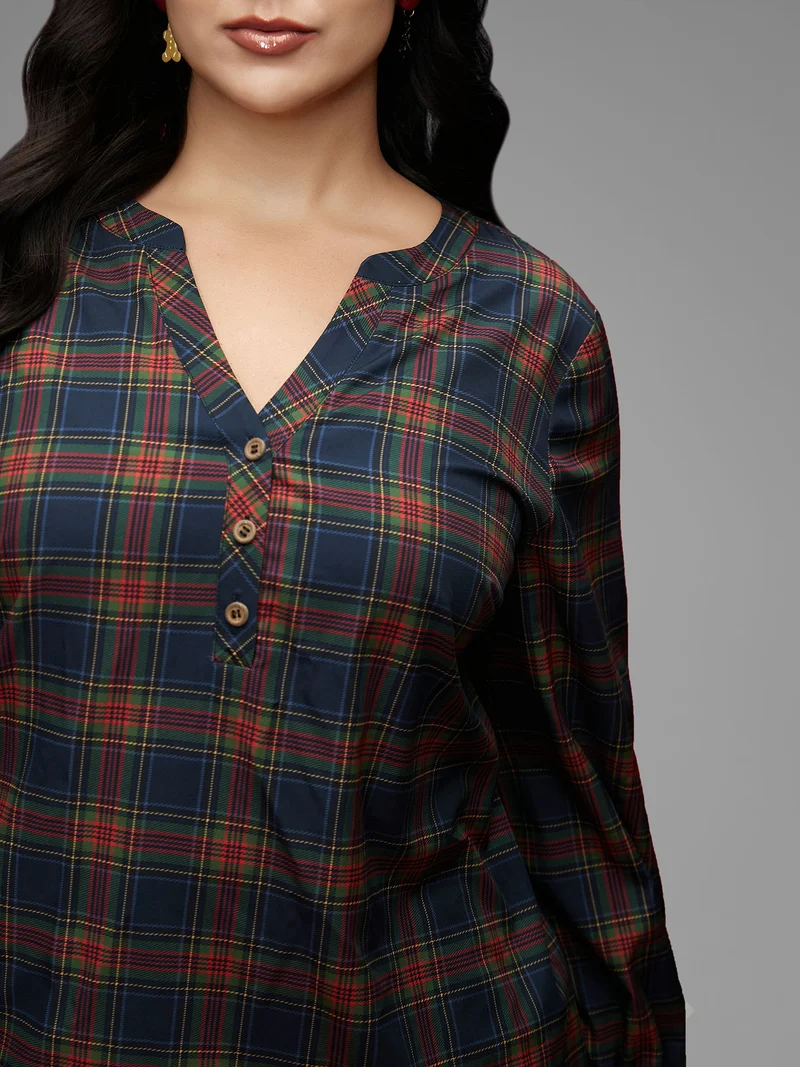 Plaid Pattern Notched Collar Slim-Fit Blouse
