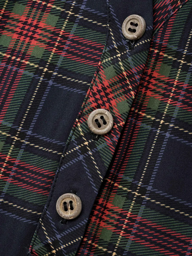 Plaid Pattern Notched Collar Slim-Fit Blouse