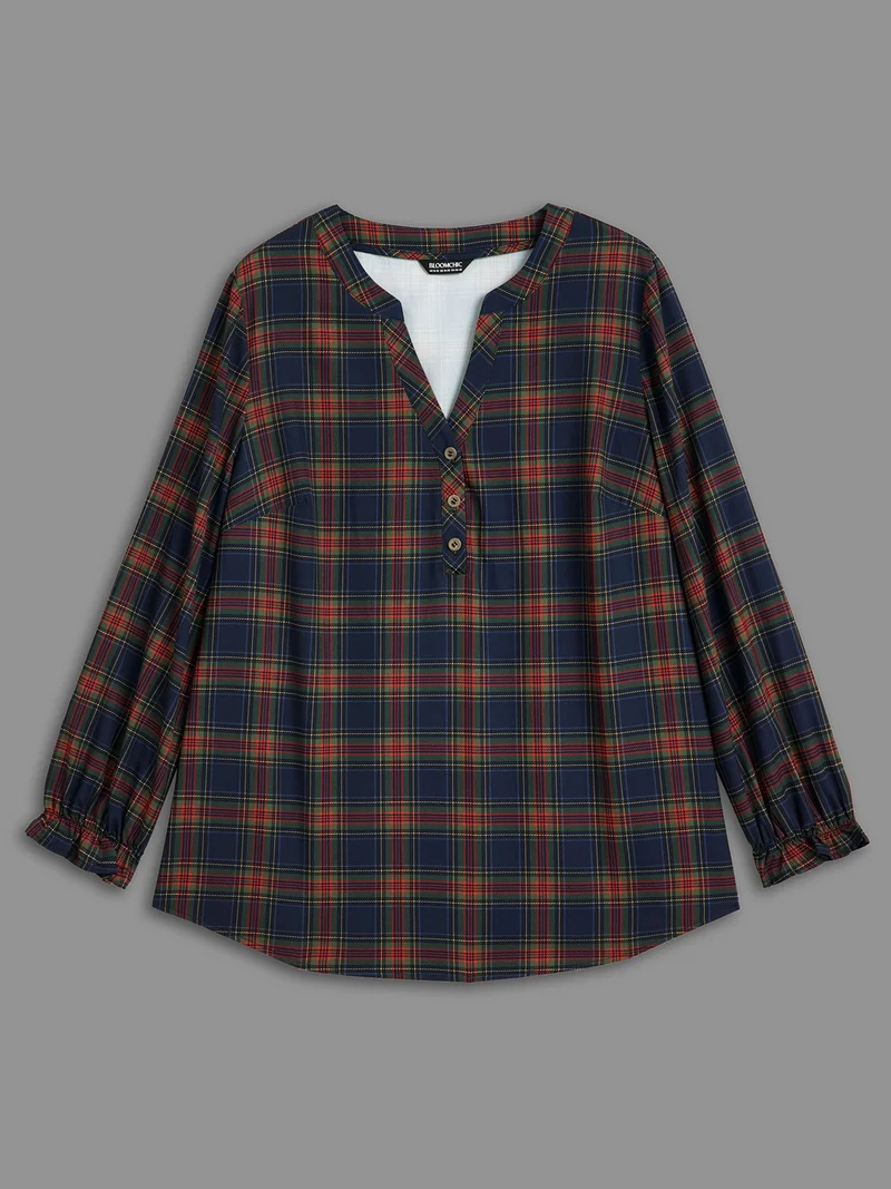 Plaid Pattern Notched Collar Slim-Fit Blouse