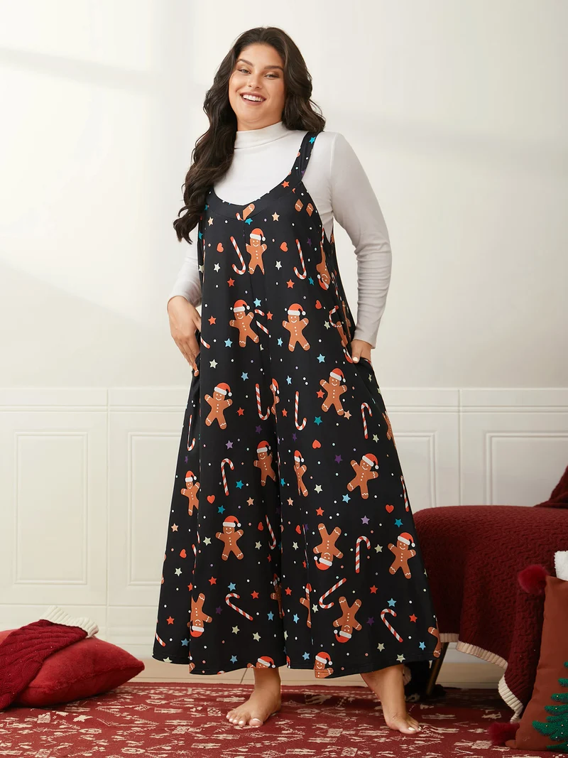 Festive Knit Print U Neck Lounge Jumpsuit