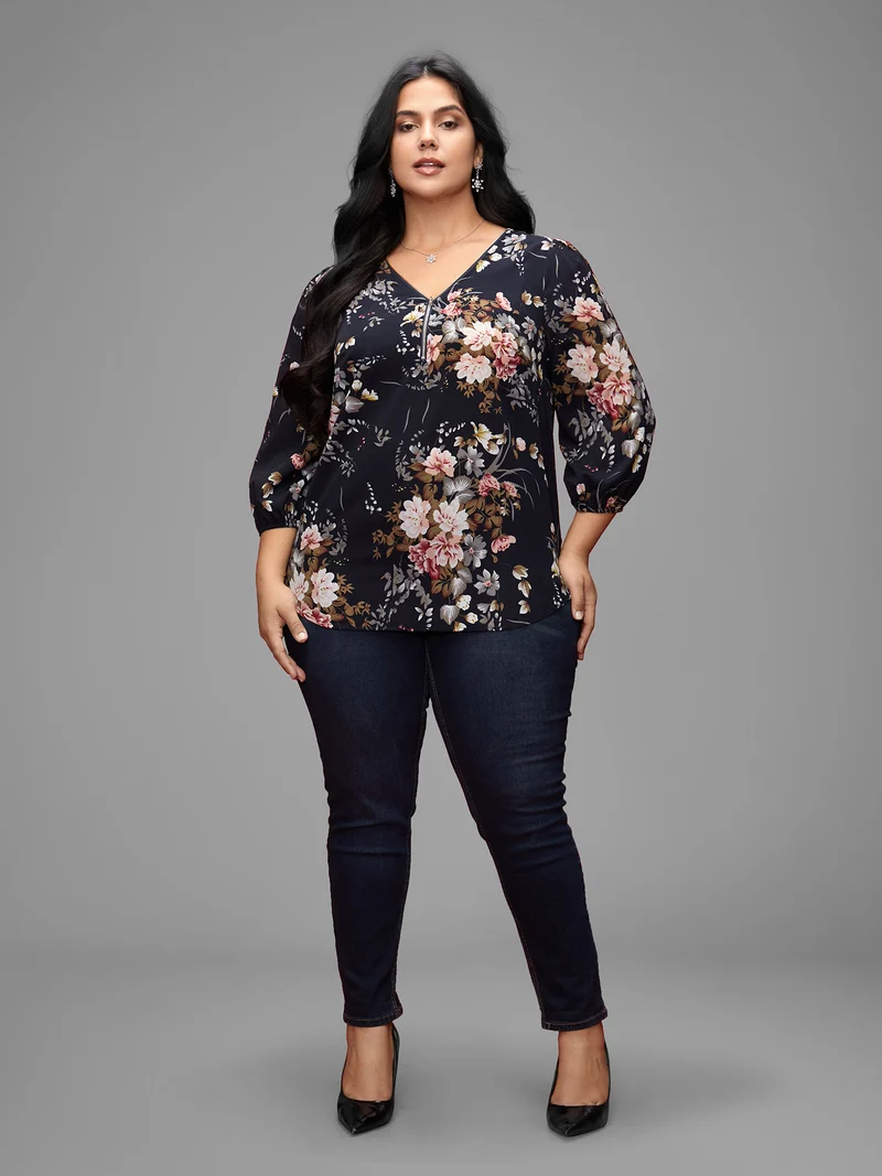 Half Zipper Front Floral Blouse