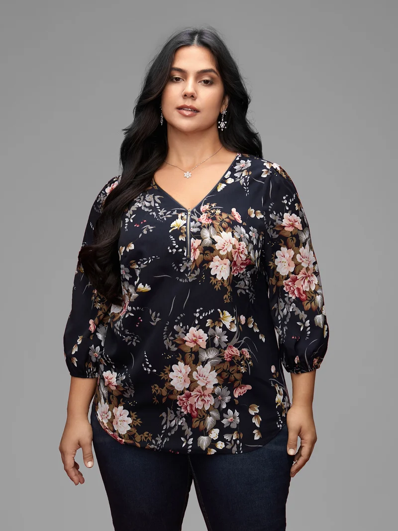 Half Zipper Front Floral Blouse