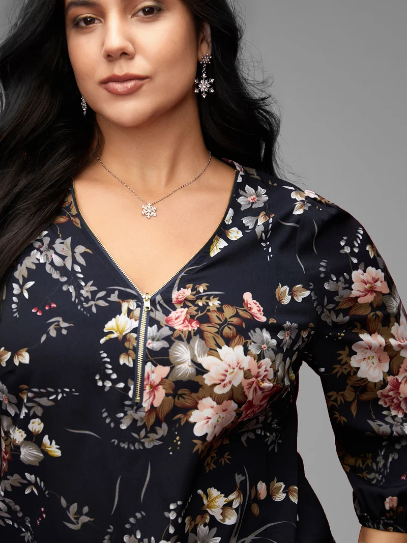 Half Zipper Front Floral Blouse