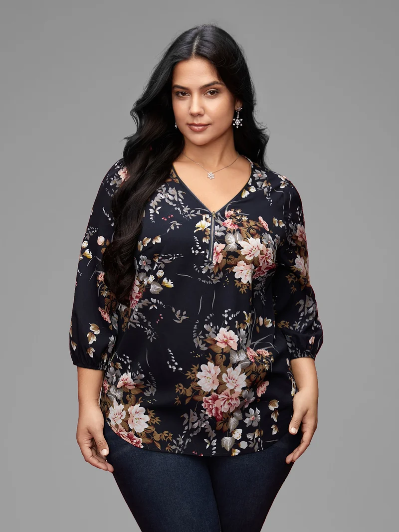 Half Zipper Front Floral Blouse